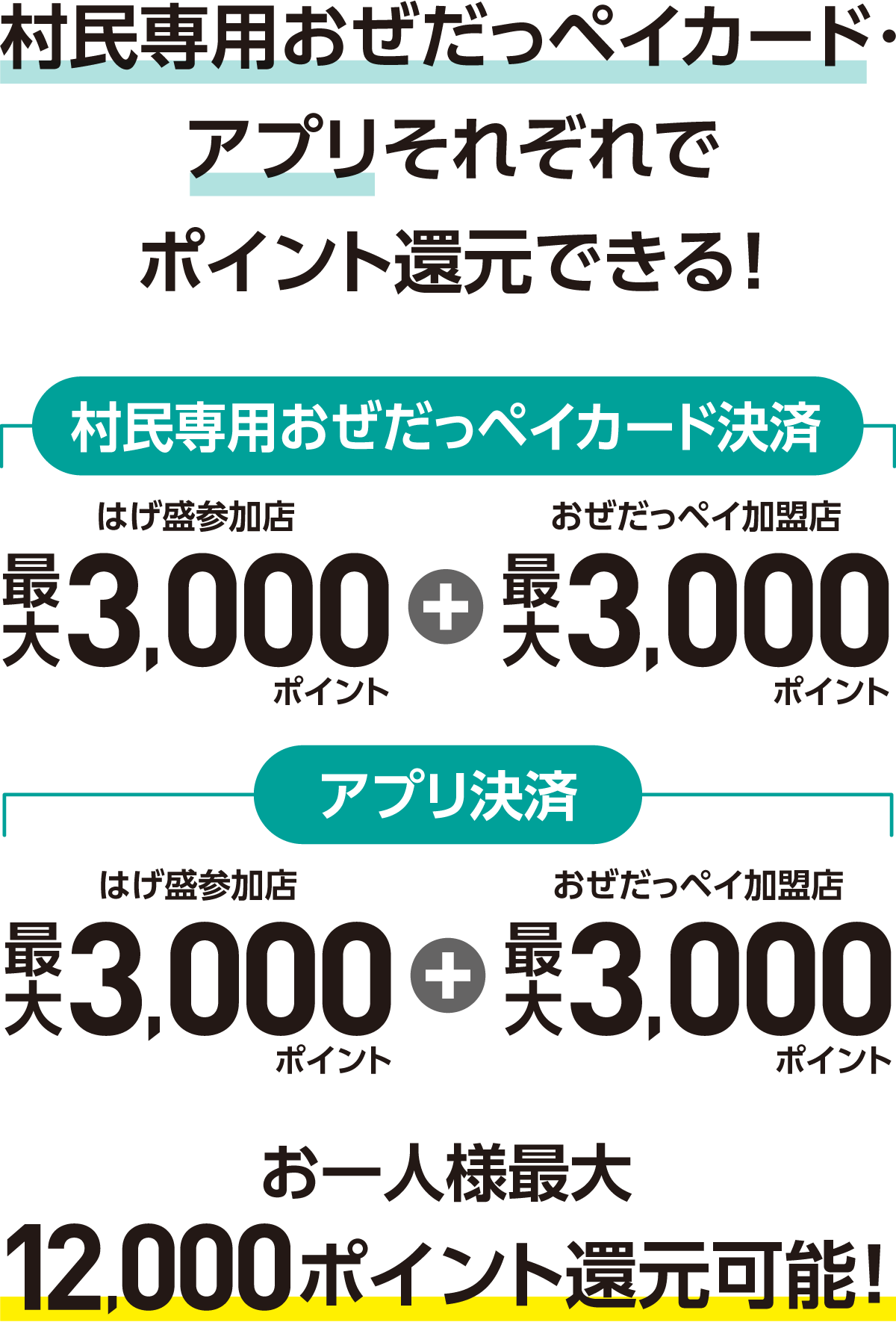 村民専用おぜだっペイカード・アプリそれぞれでポイント還元できる！お一人様最大12,000ポイント還元可能！